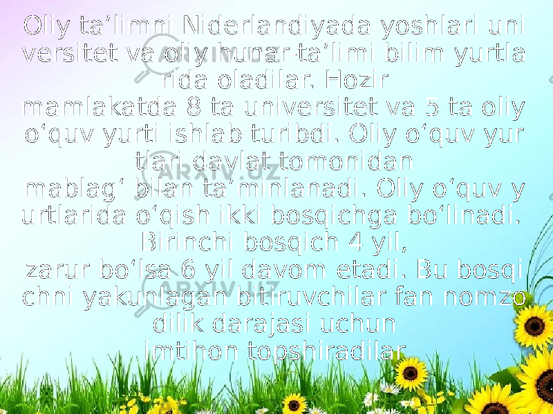 Oliy ta’limni Niderlandiyada yoshlari uni versitet va oliy hunar-ta’limi bilim yurtla rida oladilar. Hozir mamlakatda 8 ta universitet va 5 ta oliy o‘quv yurti ishlab turibdi. Oliy o‘quv yur tlari davlat tomonidan mablag‘ bilan ta’minlanadi. Oliy o‘quv y urtlarida o‘qish ikki bosqichga bo‘linadi. Birinchi bosqich 4 yil, zarur bo‘lsa 6 yil davom etadi. Bu bosqi chni yakunlagan bitiruvchilar fan nomzo dilik darajasi uchun imtihon topshiradilar 