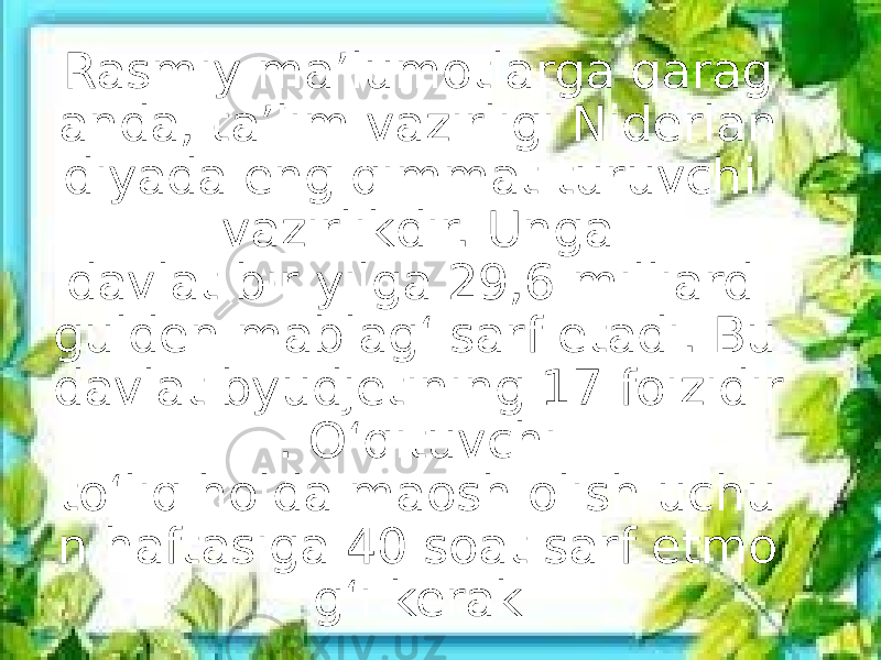 Rasmiy ma’lumotlarga qarag anda, ta’lim vazirligi Niderlan diyada eng qimmat turuvchi vazirlikdir. Unga davlat bir yilga 29,6 milliard gulden mablag‘ sarf etadi. Bu davlat byudjetining 17 foizidir . O‘qituvchi to‘liq holda maosh olish uchu n haftasiga 40 soat sarf etmo g‘i kerak 