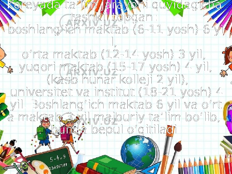 Koreyada ta’lim jarayoni quyidagicha tashkil topgan :  boshlang‘ich maktab (6-11 yosh) 6 yi l,  o‘rta maktab (12-14 yosh) 3 yil,  yuqori maktab (15-17 yosh) 4 yil,  (kasb hunar kolleji 2 yil),  universitet va institut (18-21 yosh) 4 yil. Boshlang‘ich maktab 6 yil va o‘rt a maktab 3 yil majburiy ta’lim bo‘lib, bunda bepul o‘qitiladi  