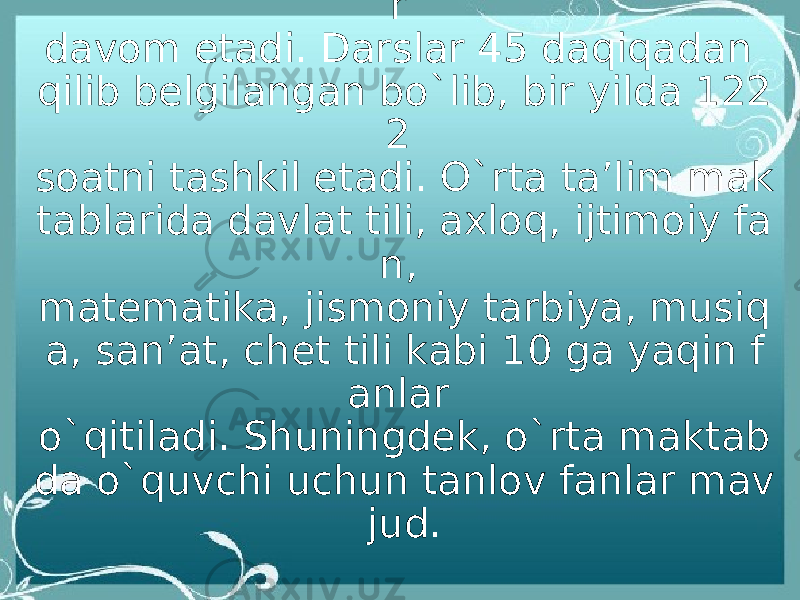 O`rta ta’lim Koreya respublikasida 3 yil davom etadi. O`rta ta’lim ham majburiy bo`lib, bir o`quv yili 1- martdan keyingi yil mart oyiga qada r davom etadi. Darslar 45 daqiqadan qilib belgilangan bo`lib, bir yilda 122 2 soatni tashkil etadi. O`rta ta’lim mak tablarida davlat tili, axloq, ijtimoiy fa n, matematika, jismoniy tarbiya, musiq a, san’at, chet tili kabi 10 ga yaqin f anlar o`qitiladi. Shuningdek, o`rta maktab da o`quvchi uchun tanlov fanlar mav jud. 