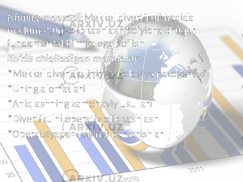 Ishning maqsadi : Mekkel divertikuli haqida ma’lumot,uni olib tashlash bo’yicha chuqur fundamental bilmga ega bo’lish Ko’rib chiqiladigan masalalar: *Mekkel divertikulining etiologiya patogenezi *Uning alomatlari *Aniqlashning zamonaviy usullari *Divertikulni operativ olib tashlash *Operatsiyadan keyingi parvarishlar 