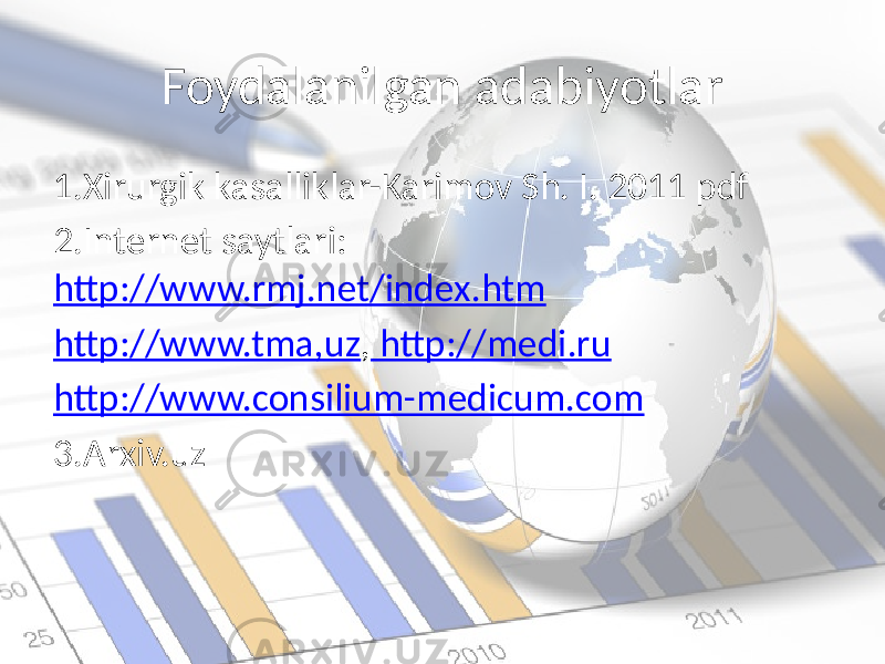 Foydalanilgan adabiyotlar 1.Xirurgik kasalliklar-Karimov Sh. I. 2011 pdf 2.Internet saytlari: http://www.rmj.net/index.htm http://www.tma,uz , http://medi.ru http://www.consilium-medicum.com 3.Arxiv.uz 