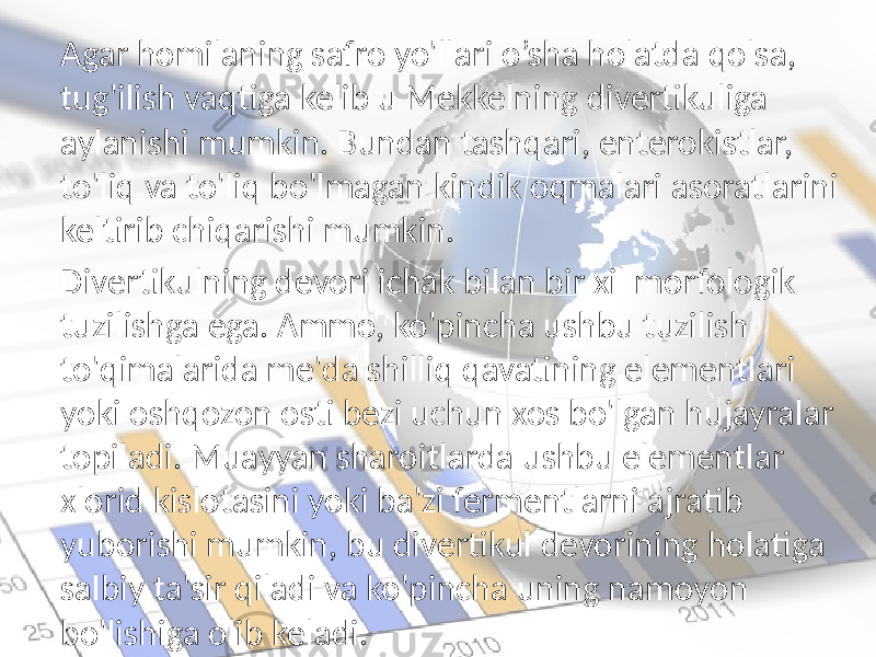 Agar homilaning safro yo&#39;llari o’sha holatda qolsa, tug&#39;ilish vaqtiga kelib u Mekkelning divertikuliga aylanishi mumkin. Bundan tashqari, enterokistlar, to&#39;liq va to&#39;liq bo&#39;lmagan kindik oqmalari asoratlarini keltirib chiqarishi mumkin. Divertikulning devori ichak bilan bir xil morfologik tuzilishga ega. Ammo, ko&#39;pincha ushbu tuzilish to&#39;qimalarida me&#39;da shilliq qavatining elementlari yoki oshqozon osti bezi uchun xos bo&#39;lgan hujayralar topiladi. Muayyan sharoitlarda ushbu elementlar xlorid kislotasini yoki ba&#39;zi fermentlarni ajratib yuborishi mumkin, bu divertikul devorining holatiga salbiy ta&#39;sir qiladi va ko&#39;pincha uning namoyon bo&#39;lishiga olib keladi. 