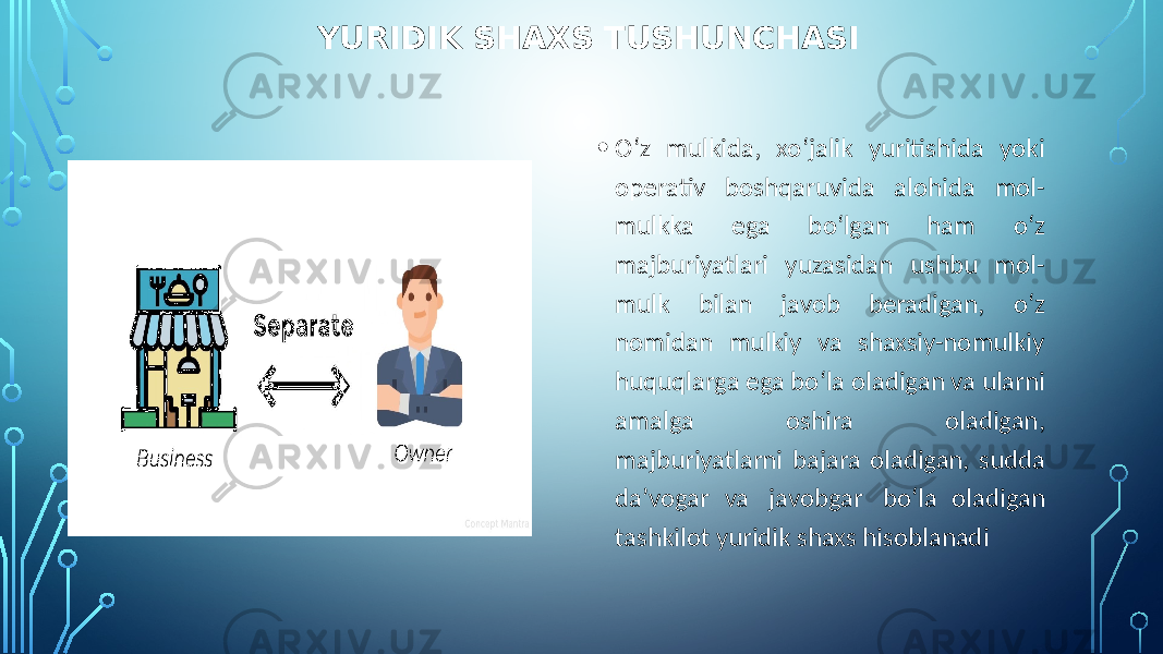 YURIDIK SHAXS TUSHUNCHASI • Oʻz mulkida, xoʻjalik yuritishida yoki operativ boshqaruvida alohida mol- mulkka ega boʻlgan ham oʻz majburiyatlari yuzasidan ushbu mol- mulk bilan javob beradigan, oʻz nomidan mulkiy va shaxsiy-nomulkiy huquqlarga ega boʻla oladigan va ularni amalga oshira oladigan, majburiyatlarni bajara oladigan, sudda da’vogar va javobgar boʻla oladigan tashkilot yuridik shaxs hisoblanadi 