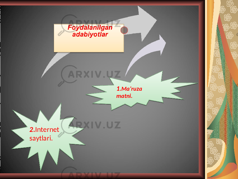 1 . Ma’ruza matni. 2. Intеrnеt saytlari.01 02 03 0A 0E 01 07 