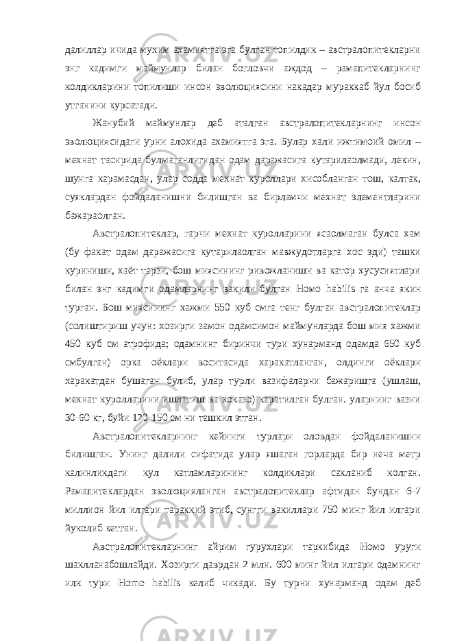 далиллар ичида мухим ахамиятга эга булган топилдик – австралопитекларни энг кадимги маймунлар билан богловчи аждод – рамапитекларнинг колдикларини топилиши инсон эволюциясини накадар мураккаб йул босиб утганини курсатади. Жанубий маймунлар деб аталган австралопитекларнинг инсон эволюциясидаги урни алохида ахамиятга эга. Булар хали ижтимоий омил – мехнат тасирида булмаганлигидан одам даражасига кутарилаолмади, лекин, шунга карамасдан, улар содда мехнат куроллари хисобланган тош, калтак, суяклардан фойдаланишни билишган ва бирламчи мехнат элементларини бажараолган. Австралопитеклар, гарчи мехнат куролларини ясаолмаган булса хам (бу факат одам даражасига кутарилаолган мавжудотларга хос эди) ташки куриниши, хаёт тарзи, бош миясининг ривожланиши ва катор хусусиятлари билан энг кадимги одамларнинг вакили булган Номо habilis га анча якин турган. Бош миясининг хажми 550 куб смга тенг булган австралопитеклар (солиштириш учун: хозирги замон одамсимон маймунларда бош мия хажми 450 куб см атрофида; одамнинг биринчи тури хунарманд одамда 650 куб смбулган) орка оёклари воситасида харакатланган, олдинги оёклари харакатдан бушаган булиб, улар турли вазифаларни бажаришга (ушлаш, мехнат куролларини ишлатиш ва хоказо) каратилган булган. уларнинг вазни 30-60 кг, буйи 120-150 см ни ташкил этган. Австралопитекларнинг кейинги турлари оловдан фойдаланишни билишган. Унинг далили сифатида улар яшаган горларда бир неча метр калинликдаги кул катламларининг колдиклари сакланиб колган. Рамапитеклардан эволюцияланган австралопитеклар афтидан бундан 6-7 миллион йил илгари тараккий этиб, сунгги вакиллари 750 минг йил илгари йуколиб кетган. Австралопитекларнинг айрим гурухлари таркибида Номо уруги шаклланабошлайди. Хозирги даврдан 2 млн. 600 минг йил илгари одамнинг илк тури H о m о habilis келиб чикади. Бу турни хунарманд одам деб 