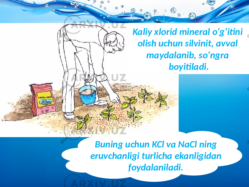 Kaliy xlorid mineral o‘g‘itini olish uchun silvinit, avval maydalanib, so‘ngra boyitiladi. Buning uchun KCl va NaCl ning eruvchanligi turlicha ekanligidan foydalaniladi. 