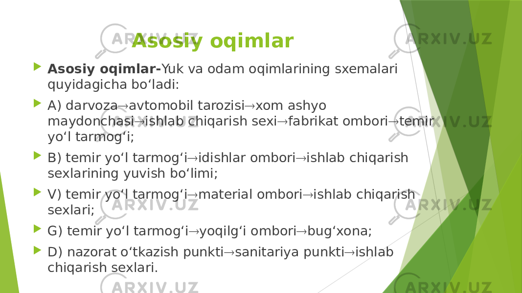 Asosiy oqimlar  Asosiy oqimlar- Yuk va odam oqimlarining sxemalari quyidagicha bo‘ladi:  A) darvoza  avtomobil tarozisi  xom ashyo maydonchasi  ishlab chiqarish sexi  fabrikat ombori  temir yo‘l tarmog‘i;  B) temir yo‘l tarmog‘i  idishlar ombori  ishlab chiqarish sexlarining yuvish bo‘limi;  V) temir yo‘l tarmog‘i  material ombori  ishlab chiqarish sexlari;  G) temir yo‘l tarmog‘i  yoqilg‘i ombori  bug‘xona;  D) nazorat o‘tkazish punkti  sanitariya punkti  ishlab chiqarish sexlari. 