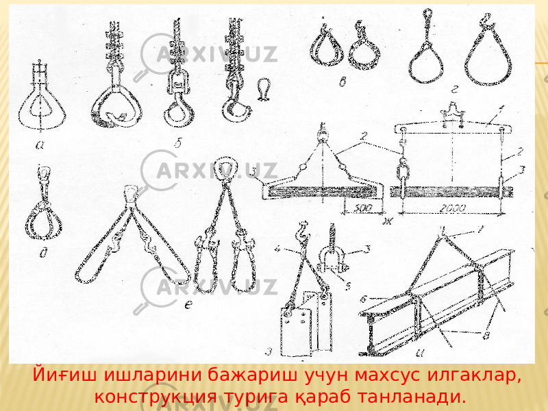 Йиғиш ишларини бажариш учун махсус илгаклар, конструкция турига қараб танланади. 