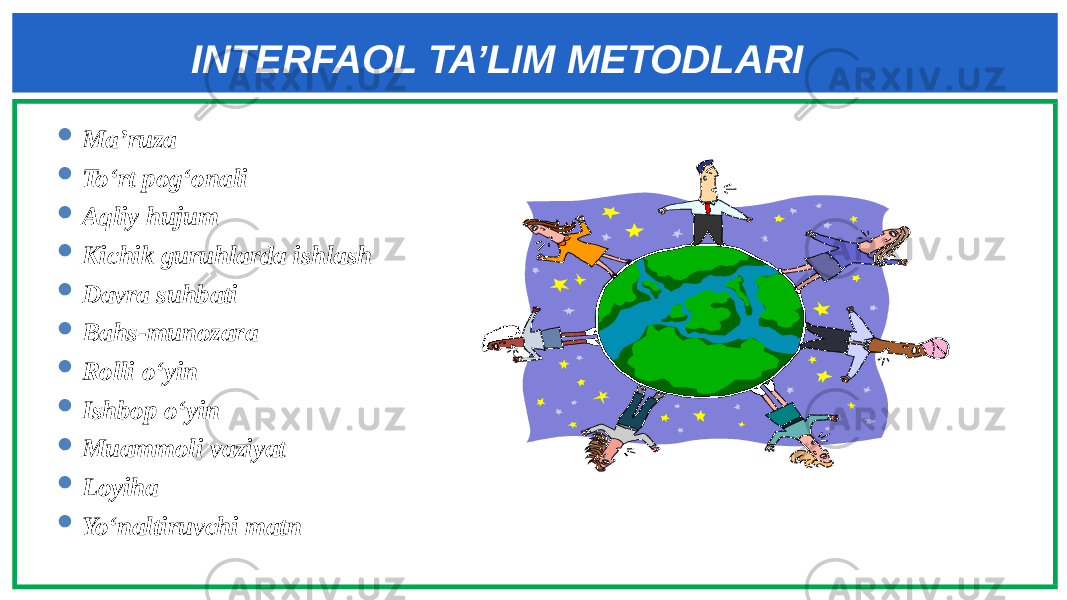 INTERFAOL TA’LIM METODLARI  Ma’ruza  To‘rt pog‘onali  Aqliy hujum  Kichik guruhlarda ishlash  Davra suhbati  Bahs-munozara  Rolli o‘yin  Ishbop o‘yin  Muammoli vaziyat  Loyiha  Yo‘naltiruvchi matn 