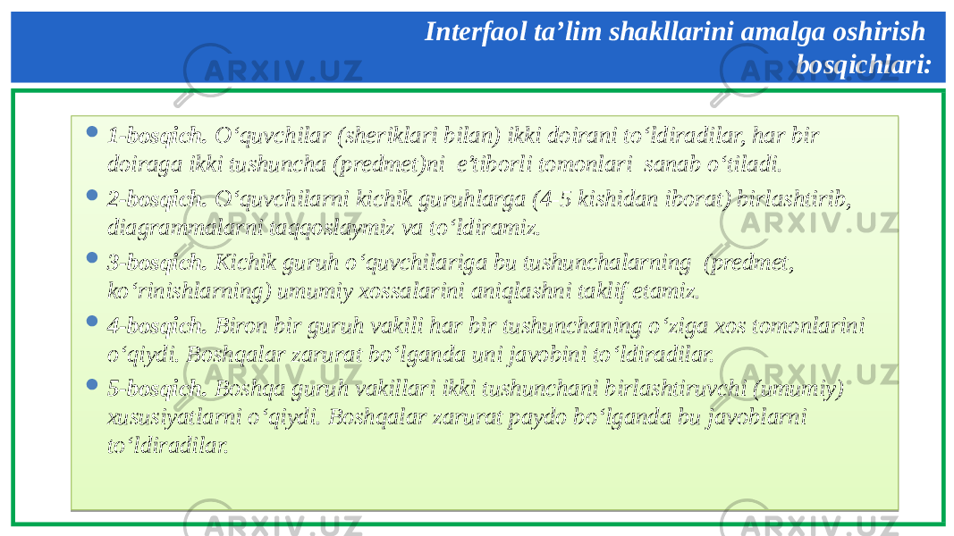 Interfaol ta’lim shakllarini amalga oshirish bosqichlari:  1-bosqich. O‘quvchilar (sheriklari bilan) ikki doirani to‘ldiradilar, har bir doiraga ikki tushuncha (predmet)ni e’tiborli tomonlari sanab o‘tiladi.  2-bosqich. O‘quvchilarni kichik guruhlarga (4-5 kishidan iborat) birlashtirib, diagrammalarni taqqoslaymiz va to‘ldiramiz.  3-bosqich. Kichik guruh o‘quvchilariga bu tushunchalarning (predmet, ko‘rinishlarning) umumiy xossalarini aniqlashni taklif etamiz.  4-bosqich. Biron bir guruh vakili har bir tushunchaning o‘ziga xos tomonlarini o‘qiydi. Boshqalar zarurat bo‘lganda uni javobini to‘ldiradilar.  5-bosqich. Boshqa guruh vakillari ikki tushunchani birlashtiruvchi (umumiy) xususiyatlarni o‘qiydi. Boshqalar zarurat paydo bo‘lganda bu javoblarni to‘ldiradilar.01 22121E0818 20 11080C 01 24121E0818 20 110C 01 25121E0818 28 17 01 26121E0818 29 08180F0C 01 27121E0818 29 1B 03 