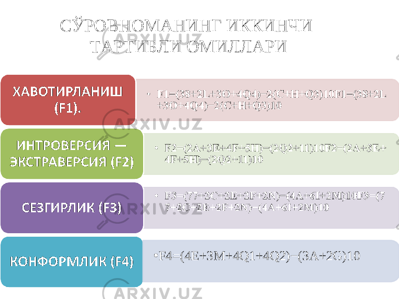 СЎРОВНОМАНИНГ ИККИНЧИ ТАРТИБЛИ ОМИЛЛАРИ • F4=(4E+3M+4Q1+4Q2)−(3A+2G)10 