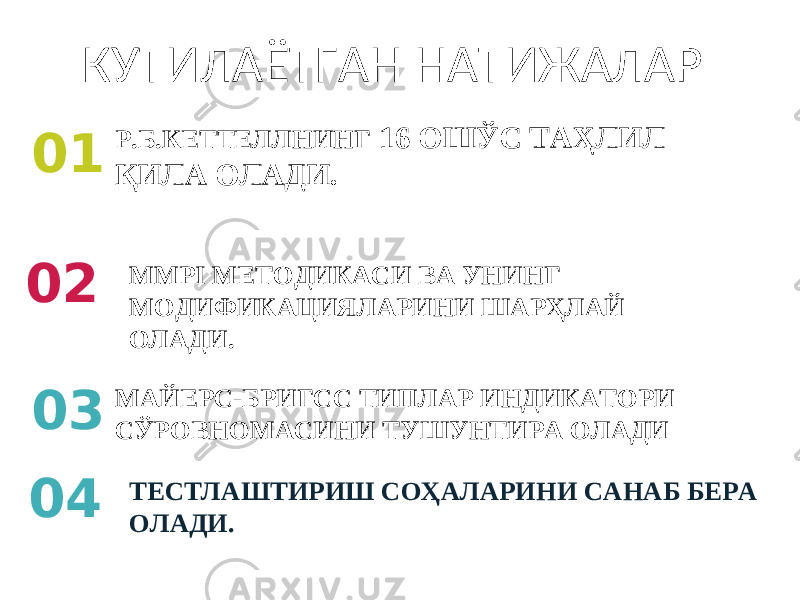 01 0 2 МАЙЕРС-БРИГСС ТИПЛАР ИНДИКАТОРИ СЎРОВНОМАСИНИ ТУШУНТИРА ОЛАДИ0 3 Р.Б.КЕТТЕЛЛНИНГ 16 ОШЎС ТАҲЛИЛ ҚИЛА ОЛАДИ. MMPI МЕТОДИКАСИ ВА УНИНГ МОДИФИКАЦИЯЛАРИНИ ШАРҲЛАЙ ОЛАДИ.КУТИЛАЁТГАН НАТИЖАЛАР 0 4 ТЕСТЛАШТИРИШ СОҲАЛАРИНИ САНАБ БЕРА ОЛАДИ. 