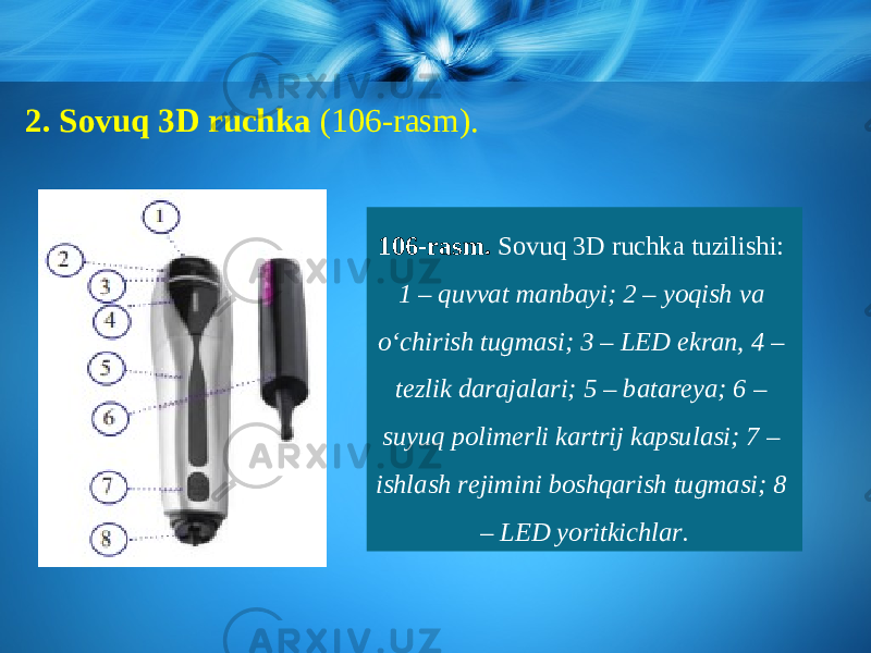 2. Sovuq 3D ruchka (106-rasm). 106-rasm. Sovuq 3D ruchka tuzilishi: 1 – quvvat manbayi; 2 – yoqish va o‘chirish tugmasi; 3 – LED ekran, 4 – tezlik darajalari; 5 – batareya; 6 – suyuq polimerli kartrij kapsulasi; 7 – ishlash rejimini boshqarish tugmasi; 8 – LED yoritkichlar. 