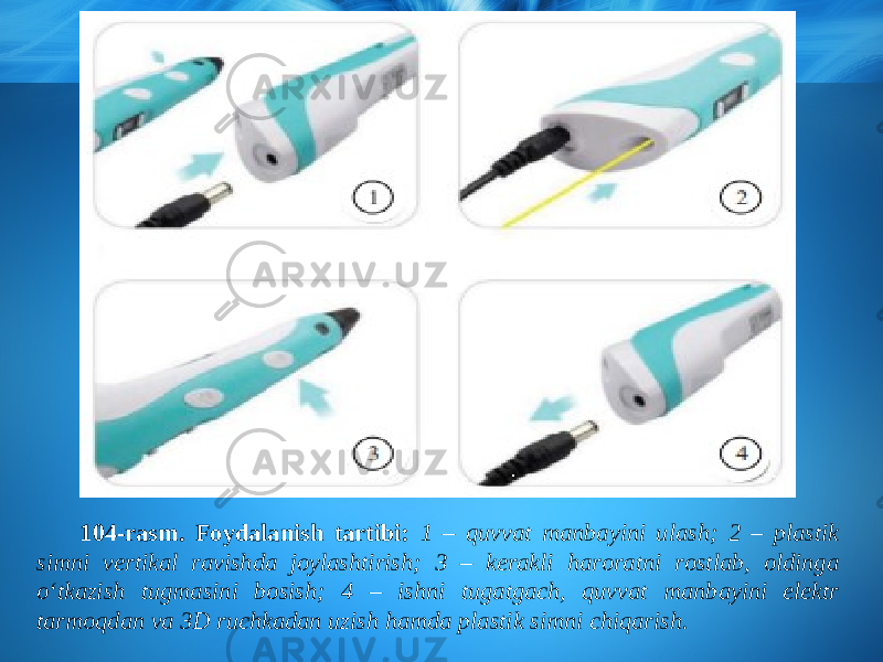 104-rasm. Foydalanish tartibi: 1 – quvvat manbayini ulash; 2 – plastik simni vertikal ravishda joylashtirish; 3 – kerakli haroratni rostlab, oldinga о‘ tkazish tugmasini bosish; 4 – ishni tugatgach, quvvat manbayini elektr tarmoqdan va 3D ruchkadan uzish hamda plastik simni chiqarish. 