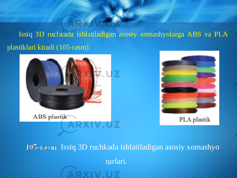 Issiq 3D ruchkada ishlatiladigan asosiy xomashyolarga ABS va PLA plastiklari kiradi (105-rasm). 105-rasm. Issiq 3D ruchkada ishlatiladigan asosiy xomashyo turlari. 