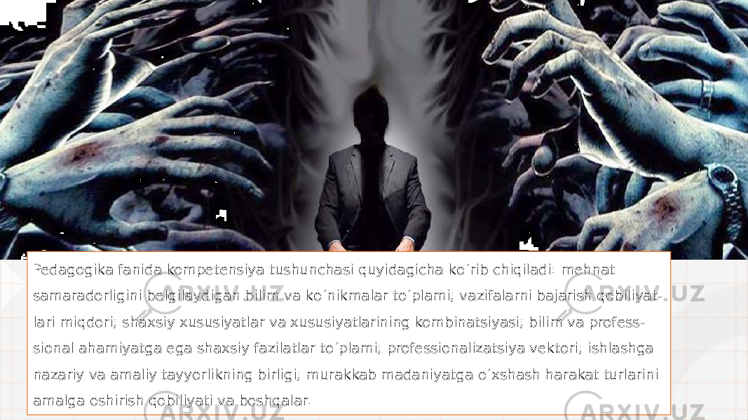 Pedagogika fanida kompetensiya tushunchasi quyidagicha k o‘ rib chiqiladi: mehnat samaradorligini belgilaydigan bilim va k o‘ nikmalar t o‘ plami; vazifalarni bajarish qobiliyat- lari miqdori; shaxsiy xususiyatlar va xususiyatlarining kombinatsiyasi; bilim va profess- sional ahamiyatga ega shaxsiy fazilatlar t o‘ plami; professionalizatsiya vektori; ishlashga nazariy va amaliy tayyorlikning birligi; murakkab madaniyatga o‘ xshash harakat turlarini amalga oshirish qobiliyati va boshqalar. 