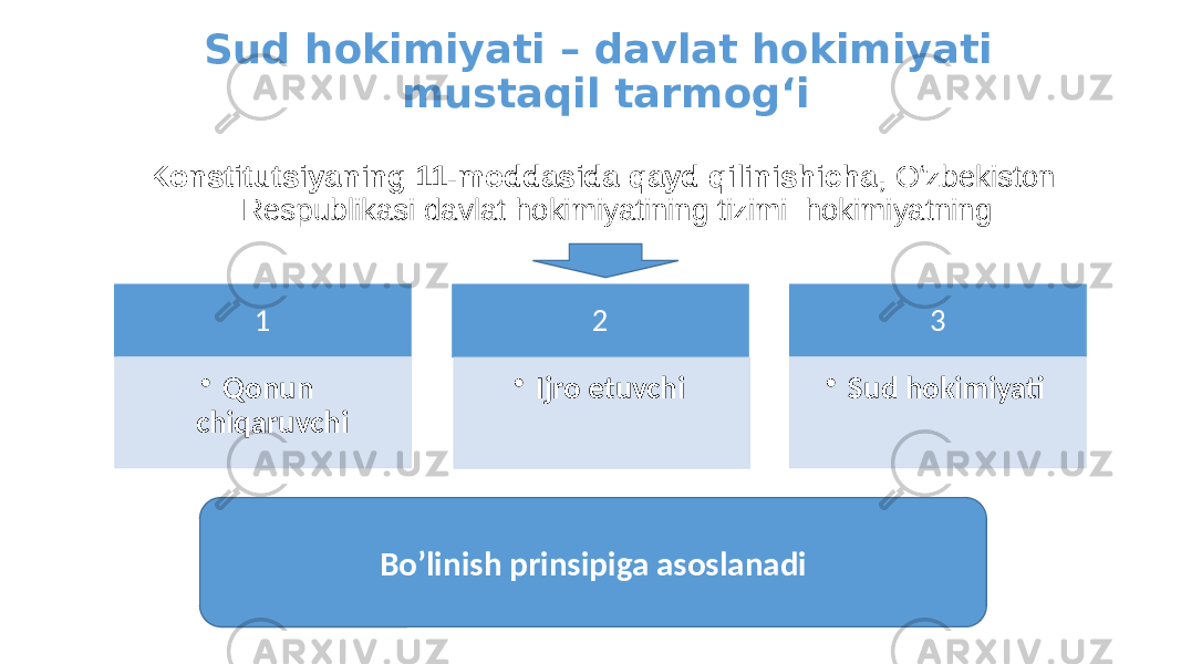 Konstitutsiyaning 11-moddasida qayd qilinishicha, O‘zbekiston Respublikasi davlat hokimiyatining tizimi hokimiyatning Bo’linish prinsipiga asoslanadiSud hokimiyati – davlat hokimiyati mustaqil tarmog‘i 1 • Qonun chiqaruvchi 2 • Ijro etuvchi 3 • Sud hokimiyati 