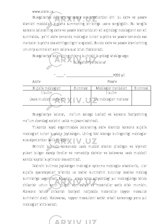 www.arxiv.uz Buxgalteriya balansining asosiy xususiyatlaridan biri- bu aktiv va passiv kismlari moddalari buyicha summaning bir-biriga uzaro tengligidir. Bu tenglik korxona balansining aktiv va passiv kismlarida bir xil xajmdagi mablaglarni xar xil kurinishda, ya`ni aktiv tomonda mablaglar turlari buyicha va passiv tomonda esa manbalar buyicha aks ettirilganligini anglatadi. Bunda aktiv va passiv kismlarining umumiy summalari xam balans suzi bilan ifodalanadi. Buxgalteriya balansining chizma kurinishi kuyidagi shaklga ega: Buxgalteriya balansi &#34; ____&#34; _________________________2000 yil Aktiv Passiv Xujalik mablaglari Summasi Mablaglar manbalari Summasi I-bulim Uzok muddatli aktivlar I-bulim Uz mablaglari manbasi Buxgalteriya balansi, ma`lum sanaga tuziladi va korxona faoliyatining ma`lum davrdagi xolatini uzida mujasamlashtiradi. Yukorida kayd etganimizdek balansning aktiv kismida korxona xujalik mablaglari turlari buyicha joylashgan. Uning ikki kismga bulinganligi mablaglar xususiyatlaridan kelib chikadi. Birinchi bulimda korxonada uzok muddat xizmat qiladigan va kiymati yukori bulgan asosiy fondlar va nomoddiy aktivlar va kolaversa uzok muddatli xamda kapital kuyilmalar aks ettiriladi. Ikkinchi bulimda joylashgan mablaglar aylanma mablaglar xisoblanib, ular xujalik operatsiyalari ta`sirida uz tashki kurinishini butunlay boshka mablag kurinishiga uzgartiradi. Masalan, xisob-kitob schyotidagi pul mablaglariga ishlab chikarish uchun zarur bulgan xom-ashyo va materiallar sotib olish mumkin. Korxona ishlab chikarish faoliyati natijasida materiallar tayyor maxsulot kurinishini oladi. Kolaversa, tayyor maxsulotni sotish orkali korxonaga yana pul mablaglari kirib keladi. 