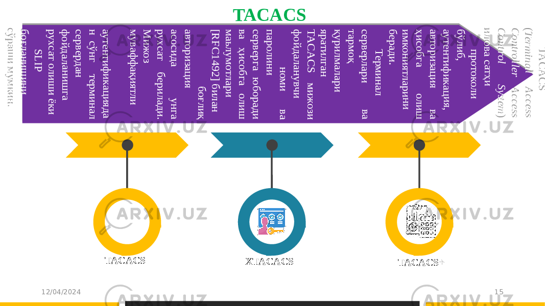 TACACS 12/04/2024 15TACACS XTACACS TACACS+T A C A C S (Term in a l A ccess C o n tro ller A ccess C o n tro l S ystem ) и ло ва сатҳ и п р ото кол и б ў л и б , ау тен ти ф и кац и я, авто р и зац и я ва ҳ и соб га оли ш и м кон и ятл ар и н и берад и . Т ерм и н ал сер верл ар и ва тарм о қ қу р и лм ал ар и яр ати л ган T A C A C S м и ж о зи ф о й д ал ан у вч и н ом и ва п ар оли н и сер вер га ю б о р ад и ва ҳ и со б га оли ш м аьл ум отл ар и [R F C 1 4 9 2 ] б и л ан б оғли қ авто р и зац и я асо си д а ун га ру хсат б ер и л ад и . М и ж о з м у ваф ф ақи ятли ау тен ти ф и кац и яд а н сў н г терм и н ал сер верд ан ф о й д ал ан и ш га ру хсат оли ш и ёки S L IP б о ғл ан и ш и н и сў р аш и м ум ки н .2A 47 41 47 41 1C 0A 3701101112 1314 15 160F 06 17171018180F 02 19 14 1A1119 161610110F 06 17171018180F 02 19 14 1A1119 160F 08 1B181A1012 380A 0E 0708 09040A0B040C1A 0E 0A 2F 11 080C08 230807 0E 0A 1E 0F 07 0E 1E 2C0A 0413 0C0215 0C0E 25 0E 230435 0E 282C0A 04090C08 11 0E 210435 0E 280A 09040A 1A 0E 0B081E 22040A 0807 0E 14 0A 0E 19 2308 15 0E 280C07 0411 0E 15 0E 0A 1E02110412 0E 240A 17 021119 0E 15 04070A 0B0211 09021107 0411 0E 0A 09040A 0C041119 08 180A 1813 11 0E 0719 0407 0411 0E 0A 2811 040C0E 07220415 0A 2A 47 41 47 41 1C 0A 19 0E 03 08 210E 0A 25 08 1F 12 0407 0415 13 0916 0E 0A 15 0819 0E 0A 09040A 2F 0411 08070E 15 0E 0A 0B0211 090211 22040A 39 1E 08 11 0412 0E 0A 09040A 1A 0E 0B08 1E 22040A 0807 0E 14 0A 19 042007 1319 080C07 0411 0E 0A 6840 2D 41 69 6A 6B 6C 6D0A1E 0E 070415 0A 1E 08 1007 0E 180A 04090C08 11 0E 210435 0E 280A 040B08 0B0E 12 040A 13 15 22040A 1113 0D0B040C0A 1E 0211 0E 07 0412 0E 240A 5F 0E 03 08 210A 19 13 090425 25 04180E 280C070E 0A 0413 0C0215 0C0E 25 0E 230435 0E 2812 04 15 0A 0B0F 15 220A 0A 0C021119 0E 15 04070A 0B0211 09021112 0415 0A 25 08 1F 12 04070415 0E 14 22040A 1113 0D0B040C0A08070E 14 0E 0A31230E 0A 1C 43 1D2B 0A 1E 08 1007 0415 0E 14 0E 15 0E 0A 0B0F 11 0414 0E 0A19 1319 230E 15 24 