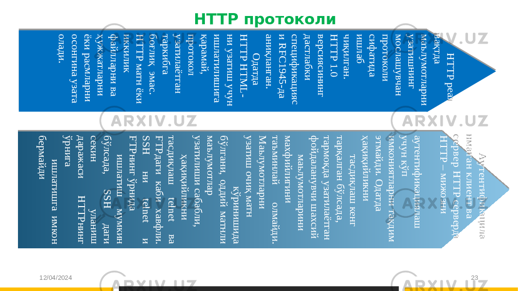 12/04/2024 23HTTP протоколиH T T P р еал вақтд а м аъ лум отлар н и узати ш н и н г м о слаш у вч ан п р ото кол и си ф ати д а и ш л аб чи қи лган . H T T P 1 .0 вер си яси н и н г д астл аб ки сп ец и ф и кац и яс и R F C 1 9 4 5 -д а ан и қлан ган . О д атд а H T T P H T M L - н и у зати ш у ч у н и ш лати л и ш и га қар ам ай , п р ото кол узати л аётган тарки б га б о ғл и қ эм ас. H T T P м атн ёки и кки ли к ф ай лл ар н и ва ҳуж ж атл ар н и ёки расм л ар н и о со н ги н а у зата ол ад и . А у тен ти ф и кац и л а н м аган к л и ен т ва сер вер H T T P сер верд а H T T P – м и ж о зн и ау тен ти ф и кац и ялаш у чу н кў п и м ко н и ятл ар н и тақд и м этм ай д и . О д атд а ҳ ақи қи й л и кн и тасд и қл аш кен г тар қал ган б ў лсад а, тарм о қд а у зати л аётган ф о й д алан у вч и ш ахси й м аьлум отлар и н и м ахф и й л и ги н и таъ м и н лай ол м ай д и . М аьлум отлар н и у зати ш оч и қ м атн кў ри н и ш и д а б ў л ган и , од д и й м атн ли м аъ лум отлар у зати ли ш и саб абл и , ҳақи қи й ли кн и тасд и қлаш teln et ва F T P д аги каб и хавф л и . S S H н и teln et и F T P н и н г ў р н и д а и ш л ати ш м ум ки н б ў л сад а, S S H д аги секи н ул ан и ш д ар аж аси H T T P н и н г ў р н и га и ш лати ш га и м ко н берм ай д и29 2A 2A 2B 0A11 020407 0A 0904180C12 040A 19 043C 071319 080C070411 15 0E 0A 13 21040C0E 14 15 0E 15 220A 19 08 0B07 0414 13 0916 0415 0A 2F 11 080C08230807 0E 0A 0B0E 25 040C0E 12 040A 0E 14 07 041E 0A 16 0E 180E 07220415 240A 29 2A 2A 2B 0A69 2474 0A 090211 0B0E 280B0E 15 0E 15 220A 12 040B0C07 041E 230E 0A 0B2F 0235 0E 25 0E 230435 0E 280B 0E 0A40 2D 41 69 6B 6A32 3A12 040A 0415 0E 1807 0415 220415 240A 75 12 040C12 040A 29 2A 2A 2B 0A29 2A 4A 43 3A 15 0E 0A13 21040C0E 14 0A13 16 13 15 0A 0E 14 07040C0E 070E 14 0E 22040A 180411 0419 041F 2C0A 2F 11 080C08 2308070A 13 21040C0E 07 04310C220415 0A 0C0411 230E 1E 22040A 1E 08 10070E 180A0A2E19 040B240A 29 2A 2A 2B 0A19 040C15 0A31230E 0A 0E 23230E 070E 230A 25 041F 07070411 15 0E 0A09040A 1A 1303 03 040C07 0411 15 0E 0A 31230E 0A11 040B19 07 0411 15 0E 0A 08 0B0815 220E 15 040A13 21040C040A 0807 0412 0E 24 62 13 0C0215 0C0E 25 0E 230435 0E 07 04 15 19 04220415 0A23 07 0E 0215 0C0A09040A 0B0211 090211 0A29 2A 2A 2B 0A0B0211 09021112 040A 29 2A 2A 2B 0A27 0A19 0E 03 08 2115 0E 0A 0413 0C0215 0C0E 25 0E 230435 0E 28070414 0A 13 16 13 15 0A230F 2F 0A 0E 19 2308 15 0E 280C070411 15 0E 0A0C041812 0E 19 0A 2E0C19 041F 12 0E 240A75 12 040C12 040A 1A 04180E 180E 1F 07 0E 2315 0E 0A 0C040B12 0E 18070414 0A230215 220A 0C0411 180407 220415 0A1E 0F 070B0412 042C0A 0C041119 08 1812 040A13 21040C0E 07 04310C220415 0A 25 08 1F 12 04070415 13 0916 0E 0A14 040D0B0E 1F 0A 19 0420071319 080C070411 0E 15 0E 0A 19 040D25 0E 1F 070E 220E 15 0E 0A 0C043C 19 0E 15 07041F 0A 080719 041F 12 0E 240A 5F 0420071319 080C070411 15 0E 0A 13 21040C0E 14 0A0816 0E 180A19 040C15 0A 230F 11 0E 15 0E 14 0E 12 040A 1E 0F 07 220415 0E 2C0A0812 12 0E 1F 0A19 040C15 07 0E 0A 19 043C 071319 080C070411 0A 13 21040C0E 07 0E 14 0E 0A0B041E 041E07 0E 2C0A 1A 04180E 180E 1F 070E 2315 0E 0A 0C040B12 0E 18070414 0A 46455244 45460A 09040A 2D 2A 2B 12 04220E 0A 23041E 0E 0A 0D040925 07 0E 240A 1C 1C 29 0A 15 0E 0A 46455244 45460A 0E 0A 2D 2A 2B 15 0E 15 220A0F 11 15 0E 12 040A 0E 14 07 040C0E 14 0A 19 1319 230E 15 0A 1E 0F 07 0B0412 042C0A 1C 1C 29 0A 12 04220E 0A 0B02230E 15 0A 13070415 0E 14 0A 12 0411 0403 040B0E 0A 29 2A 2A 2B 15 0E 15 220A 0F 11 15 0E 2204 0A0E 14 07040C0E 14 22040A0E 19 2308 15 0A 1E021119 041F 12 0E 