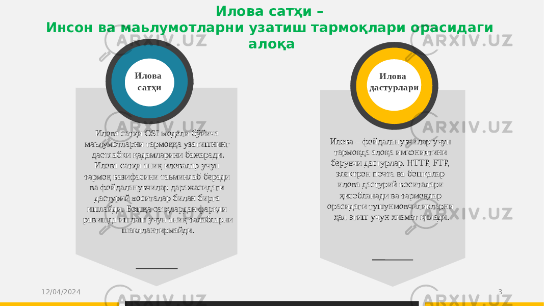 Илова сатҳи – Инсон ва маьлумотларни узатиш тармоқлари орасидаги алоқа Илова сатҳи OSI модели бўйича маьлумотларни тармоққа узатишнинг дастлабки қадамларини бажаради. Илова сатҳи аниқ иловалар учун тармоқ вазифасини таьминлаб беради ва фойдаланувчилар даражасидаги дастурий воситалар билан бирга ишлайди. Бошқа сатҳлардан фарқли равишда ишлаш учун аниқ талабларни шакллантирмайди. Илова сатҳи Илова дастурлари Илова – фойдаланувчилар учун тармоқда алоқа имкониятини берувчи дастурлар. HTTP, FTP, электрон почта ва бошқалар илова дастурий воситалари ҳисобланади ва тармоқлар орасидаги тушунмовчиликларни ҳал этиш учун хизмат қилади. 12/04/2024 3 