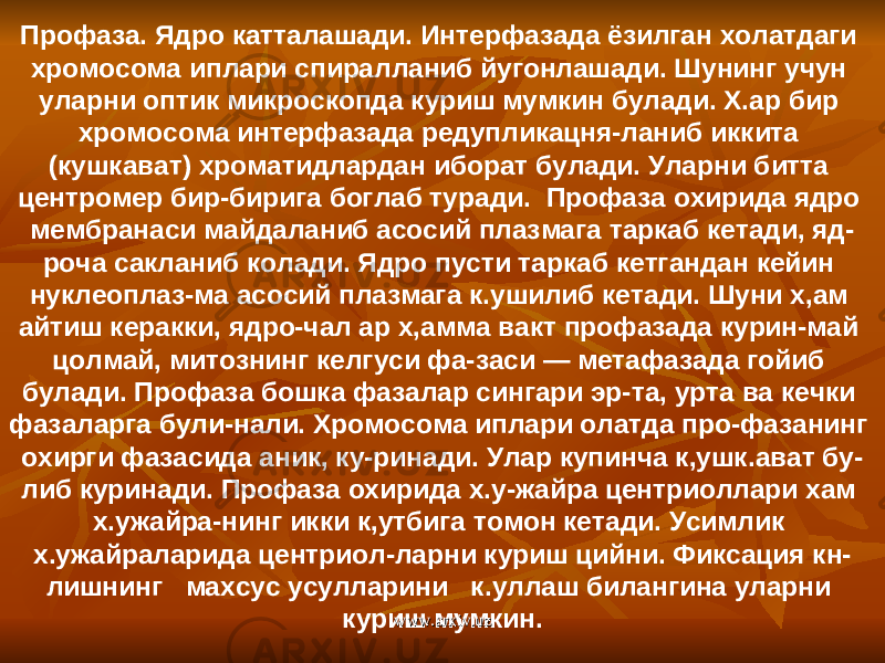 Профаза. Ядро катталашади. Интерфазада ёзилган холатдаги хромосома иплари спиралланиб йугонлашади. Шунинг учун уларни оптик микроскопда куриш мумкин булади. Х.ар бир хромосома интерфазада редупликацня-ланиб иккита (кушкават) хроматидлардан иборат бу лади. Уларни битта центромер бир-бирига боглаб ту ради. Профаза охирида ядро мембранаси майдаланиб асосий плазмага таркаб кетади, яд- роча сакланиб колади. Ядро пусти таркаб кетгандан кейин нуклеоплаз-ма асосий плазмага к.ушилиб кетади. Шуни х,ам айтиш керакки, ядро-чал ар х,амма вакт профазада курин-май цолмай, митознинг келгуси фа-заси — метафазада гойиб булади. Профаза бошка фазалар сингари эр-та, урта ва кечки фазаларга були-нали. Хромосома иплари олатда про-фазанинг охирги фазасида аник, ку-ринади. Улар купинча к,ушк.ават бу- либ куринади. Профаза охирида х.у-жайра центриоллари хам х.ужайра-нинг икки к,утбига томон кетади. Усимлик х.ужайраларида центриол-ларни куриш цийни. Фиксация кн- лишнинг махсус усулларини к.уллаш билангина уларни куриш мумкин. www.arxiv.uzwww.arxiv.uz 