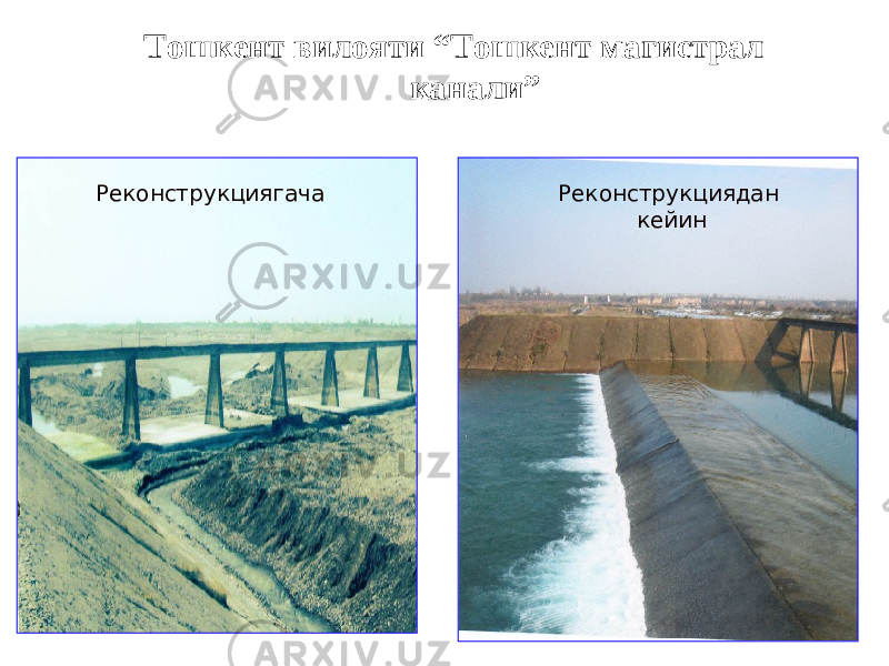 Тошкент вилояти “Тошкент магистрал канали” Реконструкциягача Реконструкциядан кейин 