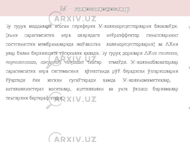 М – холинолитиклар Бу гуруҳ моддалари асосан периферик М-холинорецепторларни блоклайди. (яъни парасимпатик нерв охиридаги нейроэффектор синапсларнинг постсинаптик мембраналарида жойлашган холинорецепторларни) ва АХни улар билан бирикишига тўсқинлик қилади. Бу гуруҳ дорилари АХни синтези, парчаланиши, ажралиб чиқишга таъсир этмайди. М-холиноблокаторлар парасимпатик нерв системасини қўзғатганда рўй берадиган ўзгаришларни йўқотади ёки кескин сусайтиради ҳамда М-холиномиметиклар, антихолинэстераз воситалар, ацетилхолин ва унга ўхшаш бирикмалар таъсирини бартараф этади. 