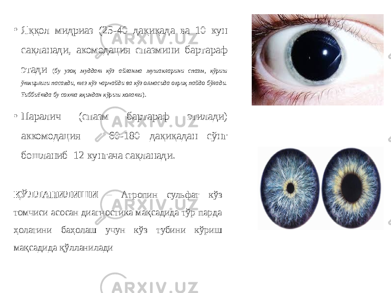 • Яққол мидриаз (25-40 дақиқада ва 10 кун сақланади, акомодация спазмини бартараф этади ( бу узоқ муддат кўз айланма мушакларини спазм, кўриш ўткирлиги пасаяди, тез кўз чарчайди ва кўз олмасида оғриқ пайдо бўлади. Тиббиётда бу сохта яқиндан кўриш холати ). • Паралич (спазм бартараф этилади) аккомодация 60-180 дақиқадан сўнг бошланиб 12 кунгача сақланади. ҚЎЛЛАНИЛИШИ – Атропин сульфат кўз томчиси асосан диагностика мақсадида тўр парда ҳолатини баҳолаш учун кўз тубини кўриш мақсадида қўлланилади 