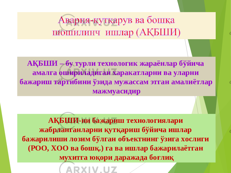 15АҚБШИ – бу турли технологик жараёнлар бўйича амалга ошириладиган харакатларни ва уларни бажариш тартибини ўзида мужассам этган амалиётлар мажмуасидир АҚБШИ-ни бажариш технологиялари жабрланганларни қутқариш бўйича ишлар бажарилиши лозим бўлган объектнинг ўзига хослиги (РОО, ХОО ва бошқ.) га ва ишлар бажарилаётган мухитга юқори даражада боғлиқ 