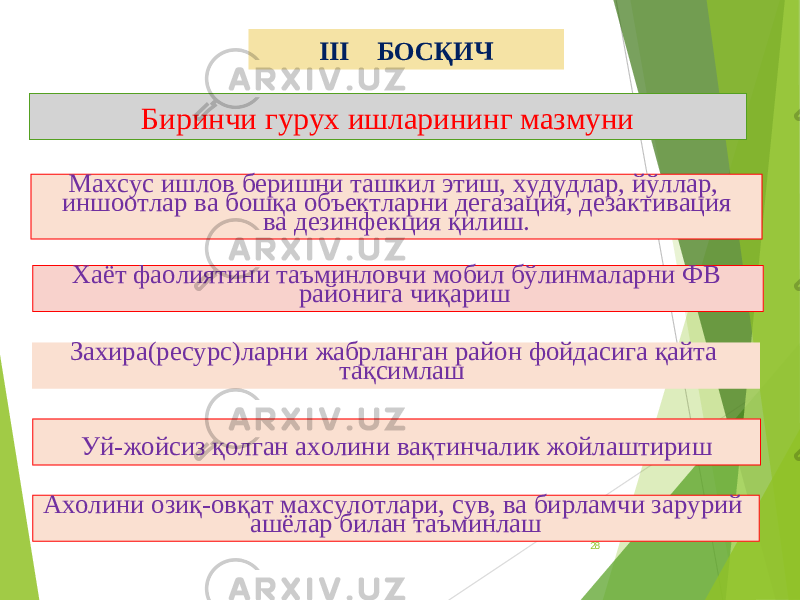 28II I БОСҚИЧ Махсус ишлов беришни ташкил этиш, худудлар, йўллар, иншоотлар ва бошқа объектларни дегазация, дезактивация ва дезинфекция қилиш. Хаёт фаолиятини таъминловчи мобил бўлинмаларни ФВ районига чиқариш Захира(ресурс)ларни жабрланган район фойдасига қайта тақсимлаш Уй-жойсиз қолган ахолини вақтинчалик жойлаштириш Ахолини озиқ-овқат махсулотлари, сув, ва бирламчи зарурий ашёлар билан таъминлашБиринчи гурух ишларининг мазмуни 