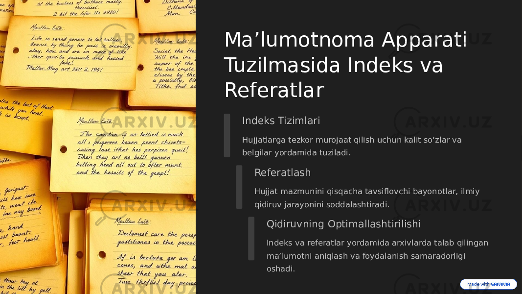 Maʼlumotnoma Apparati Tuzilmasida Indeks va Referatlar Indeks Tizimlari Hujjatlarga tezkor murojaat qilish uchun kalit so‘zlar va belgilar yordamida tuziladi. Referatlash Hujjat mazmunini qisqacha tavsiflovchi bayonotlar, ilmiy qidiruv jarayonini soddalashtiradi. Qidiruvning Optimallashtirilishi Indeks va referatlar yordamida arxivlarda talab qilingan maʼlumotni aniqlash va foydalanish samaradorligi oshadi. 