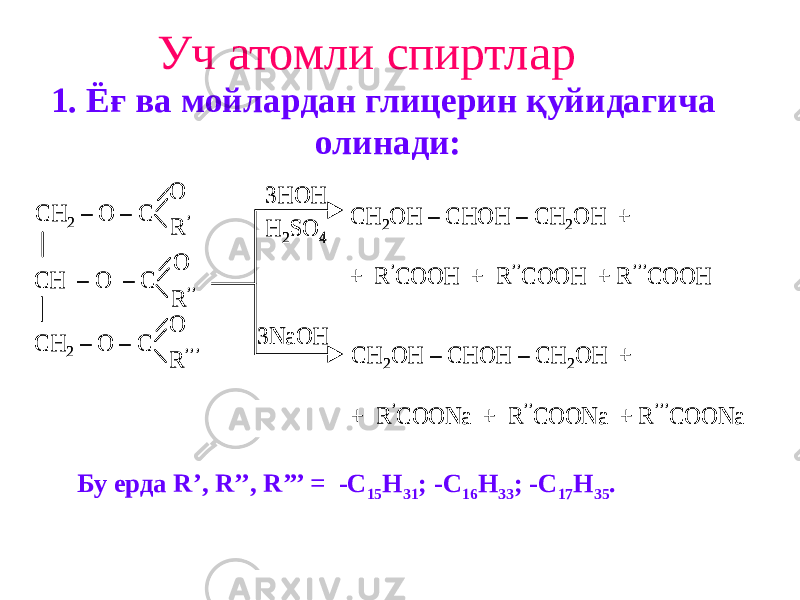 Уч атомли спиртлар 1. Ёғ ва мойлардан глицерин қуйидагича олинади: CH 2 – O – C CH – O – C CH 2 – O – C O O O R ’’ R ’’’ R ’ 3HOH H 2SO 4 3NaOH CH 2OH – CHOH – CH 2OH + + R ’COOH + R ’’COOH + R ’’’ COOH CH 2OH – CHOH – CH 2OH + + R ’COONa + R ’’COONa + R ’’’ COONa CH 2 – O – C CH – O – C CH 2 – O – C O O O R ’’ R ’’’ R ’ 3HOH H 2SO 4 3NaOH CH 2OH – CHOH – CH 2OH + + R ’COOH + R ’’COOH + R ’’’ COOH CH 2OH – CHOH – CH 2OH + + R ’COONa + R ’’COONa + R ’’’ COONa Бу ерда R’, R’’, R’’’ = -С 15 Н 31 ; -С 16 Н 33 ; -С 17 Н 35 . 