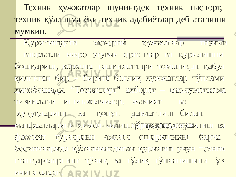 Техник ҳужжатлар шунингдек техник паспорт, техник қўлланма ёки техник адабиётлар деб аталиши мумкин. Қурилишдаги меъёрий ҳужжатлар тизими ваколатли ижро этувчи органлар ва қурилишни бошқариш, корхона ташкилотлари томонидан қабул қилинган бир – бирига боғлиқ ҳужжатлар тўплами ҳисобланади. “Техэксперт” ахборот – маълумотнома тизимлари истеъмолчилар, ҳуқуқларини ва қонун жам и ят в а да в л а тн и нг билан қўр и қланадиган манфаатларини ҳимоя қилиш мақсадида қурилиш ва фаолият турларини амалга оширишнинг барча босқичларида қўлланиладиган қурилиш учун техник стандартларнинг тўлиқ ва тўлиқ тўпланишини ўз ичига олади. 