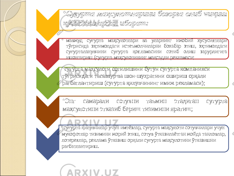 • Суғурта маҳсулотларини бозорга олиб чиқиш қуйидагилардан иборат: • мавжуд суғурта маҳсулотлари ва уларнинг ижобий хусусиятлари тўғрисида эҳтимолдаги истеъмолчиларни бохабар этиш, эҳтимолдаги суғурталанувчини суғурта қопламасини сотиб олиш зарурлигига ишонтириш (суғурта маҳсулотининг мақсадли рекламаси; • суғурта маҳсулоти сотилишини бутун суғурта компанияси тўғрисидаги тасаввур ва шон-шуҳратини ошириш орқали рағбатлантириш (суғурта қилувчининг имиж рекламаси); • Энг самарали сотувни таъмин этадиган суғурта маҳсулотини этказиб бериш тизимини яратиш; • суғурта қилувчилар учун имтёзлар, суғурта маҳсулоти сотувчилари учун мукофотлар тизимини жорий этиш, сотув ўтказилаётган жойда танловлар, лотереялар, реклама ўтказиш орқали суғурта маҳсулотини ўтказишни рағбатлантириш. 