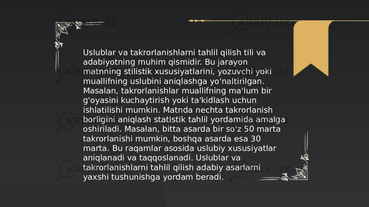 ... t.me/slaydai_bot Uslublar va takrorlanishlarni tahlil qilish tili va adabiyotning muhim qismidir. Bu jarayon matnning stilistik xususiyatlarini, yozuvchi yoki muallifning uslubini aniqlashga yo&#39;naltirilgan. Masalan, takrorlanishlar muallifning ma&#39;lum bir g&#39;oyasini kuchaytirish yoki ta&#39;kidlash uchun ishlatilishi mumkin. Matnda nechta takrorlanish borligini aniqlash statistik tahlil yordamida amalga oshiriladi. Masalan, bitta asarda bir so&#39;z 50 marta takrorlanishi mumkin, boshqa asarda esa 30 marta. Bu raqamlar asosida uslubiy xususiyatlar aniqlanadi va taqqoslanadi. Uslublar va takrorlanishlarni tahlil qilish adabiy asarlarni yaxshi tushunishga yordam beradi. 