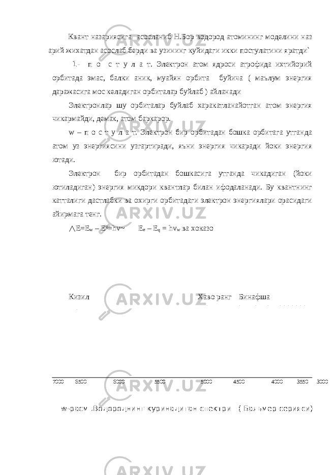 Квант назариясига асосланиб Н.Бор водород атомининг моделини наз арий жихатдан асослаб берди ва узининг куйидаги икки постулатини яратди` 1- п о с т у л а т. Электрон атом ядроси атрофида ихтийорий орбитада эмас, балки аник, муайян орбита буйича ( маълум энергия даражасига мос келадиган орбиталар буйлаб ) айланади Электронлар шу орбиталар буйлаб харакатланайотган атом энергия чикармайди, демак, атом баркарор. w – п о с т у л а т. Электрон бир орбитадан бошка орбитага утганда атом уз энергиясини узгартиради, яъни энергия чикаради йоки энергия ютади. Электрон бир орбитадан бошкасига утганда чикадиган (йоки ютиладиган) энергия микдори квантлар билан ифодаланади. Бу квантнинг катталиги дастлабки ва охирги орбитадаги электрон энергиялари орасидаги айирмага тенг. △ E=E w – E q =hv~ E e – E q = hv w ва хоказо Кизил Хаво ранг Бинафша 7000 6500 6000 5500 5000 4500 4000 3550 3000 w -расм .Водороднинг куринадиган спектри ( Бальмер серияси) 