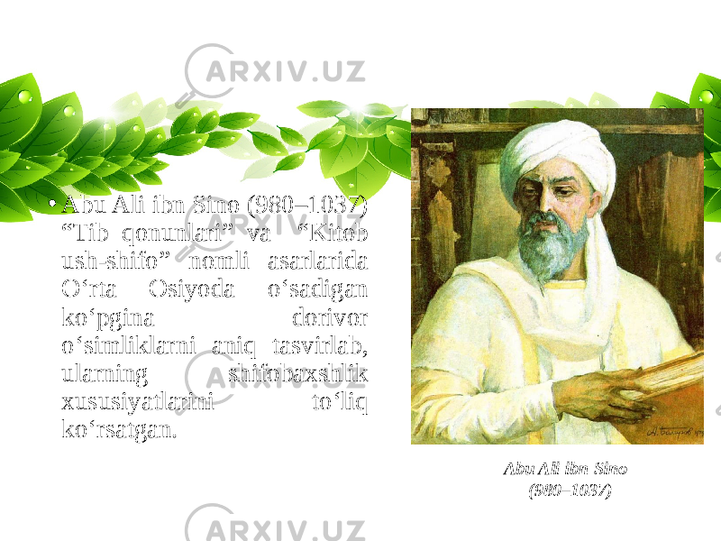 • Abu Ali ibn Sino (980–1037) “Tib qonunlari” va “Kitob ush-shifo” nomli asarlarida O‘rta Osiyoda o‘sadigan ko‘pgina dorivor o‘simliklarni aniq tasvirlab, ularning shifobaxshlik xususiyatlarini to‘liq ko‘rsatgan. Abu Ali ibn Sino (980–1037) 
