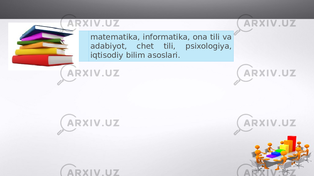 Fanlar matematika, informatika, ona tili va adabiyot, chet tili, psixologiya, iqtisodiy bilim asoslari. 