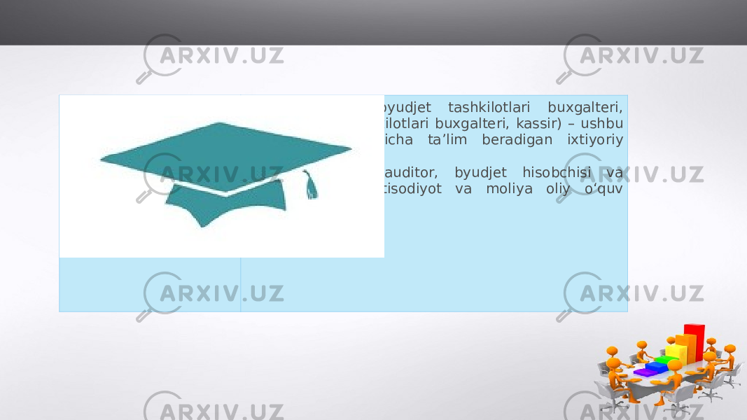 Ixtisosliklar • O‘rta maxsus (byudjet tashkilotlari buxgalteri, xo‘jalik hisobi tashkilotlari buxgalteri, kassir) – ushbu mutaxassislik bo‘yicha ta’lim beradigan ixtiyoriy kollej; • Oliy (buxgalter, auditor, byudjet hisobchisi va nazoratchisi) – iqtisodiyot va moliya oliy o‘quv yurtlari. 