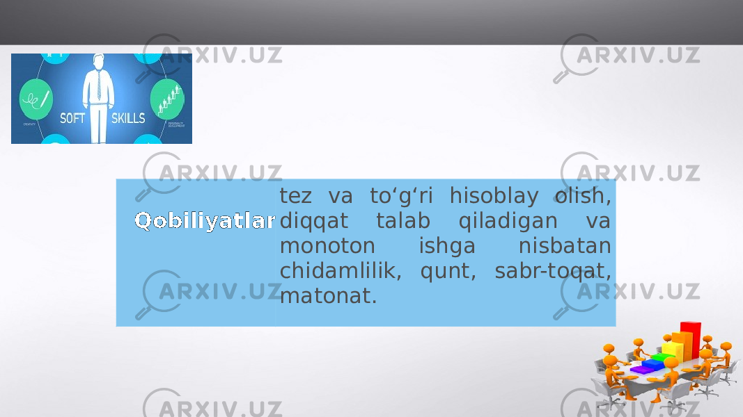 Qobiliyatlar tez va to‘g‘ri hisoblay olish, diqqat talab qiladigan va monoton ishga nisbatan chidamlilik, qunt, sabr-toqat, matonat. 