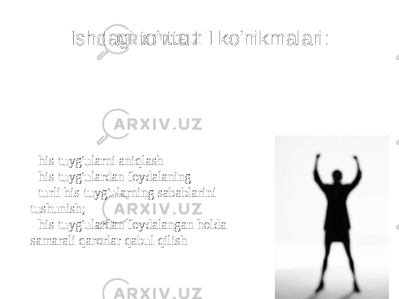 Ishdagi to&#39;rtta EI ko&#39;nikmalari: - his-tuyg&#39;ularni aniqlash - his-tuyg&#39;ulardan foydalaning - turli his-tuyg&#39;ularning sabablarini tushunish; - his-tuyg&#39;ulardan foydalangan holda samarali qarorlar qabul qilish 