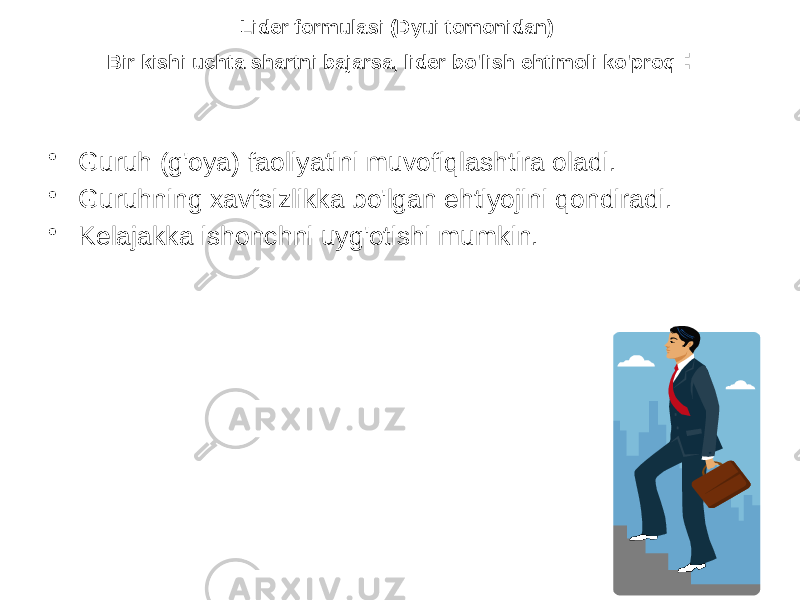 Lider formulasi (Dyui tomonidan) Bir kishi uchta shartni bajarsa, lider bo&#39;lish ehtimoli ko&#39;proq : • Guruh (g&#39;oya) faoliyatini muvofiqlashtira oladi. • Guruhning xavfsizlikka bo&#39;lgan ehtiyojini qondiradi. • Kelajakka ishonchni uyg&#39;otishi mumkin. 