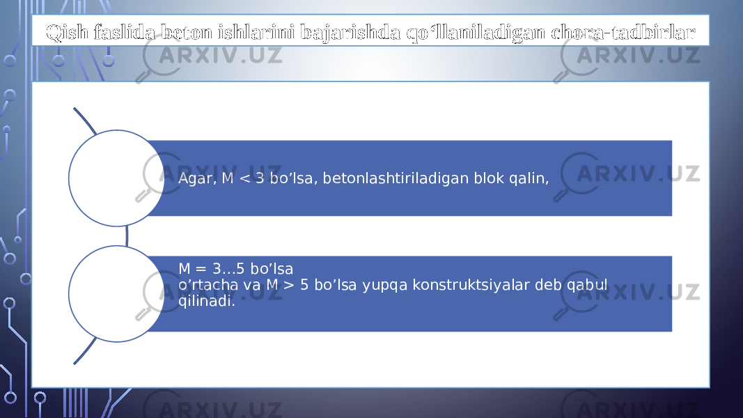 Qish faslida beton ishlarini bajarishda qo‘llaniladigan chora-tadbirlar Agar, M < 3 bo’lsa, betonlashtiriladigan blok qalin, M = 3…5 bo’lsa o’rtacha va M > 5 bo’lsa yupqa konstruktsiyalar deb qabul qilinadi. 