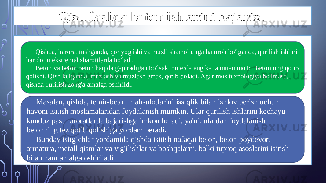 Qish faslida beton ishlarini bajarish Qishda, harorat tushganda, qor yog&#39;ishi va muzli shamol unga hamroh bo&#39;lganda, qurilish ishlari har doim ekstremal sharoitlarda bo&#39;ladi. Beton va beton beton haqida gapiradigan bo&#39;lsak, bu erda eng katta muammo bu betonning qotib qolishi. Qish kelganda, muzlash va muzlash emas, qotib qoladi. Agar mos texnologiya bo&#39;lmasa, qishda qurilish zo&#39;rg&#39;a amalga oshirildi. Masalan, qishda, temir-beton mahsulotlarini issiqlik bilan ishlov berish uchun havoni isitish moslamalaridan foydalanish mumkin. Ular qurilish ishlarini kechayu kunduz past haroratlarda bajarishga imkon beradi, ya&#39;ni. ulardan foydalanish betonning tez qotib qolishiga yordam beradi. Bunday isitgichlar yordamida qishda isitish nafaqat beton, beton poydevor, armatura, metall qismlar va yig&#39;ilishlar va boshqalarni, balki tuproq asoslarini isitish bilan ham amalga oshiriladi. 