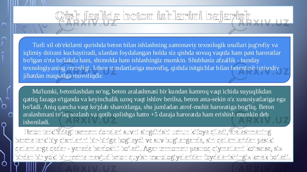 Qish faslida beton ishlarini bajarish Beton tarkibidagi tsement donalari suvni singdirishi uchun kifoya qiladi, aralashmaning barcha tarkibiy qismlarini bir-biriga bog&#39;laydi va suv bug&#39;langanda, sirt qatlamlaridan pastki qatlamlarga qadar - yanada bardoshli bo&#39;ladi. Agar termometr pastroq qiymatlarni ko&#39;rsatsa, siz birdan bir yoki bir nechta mavjud beton quyish texnologiyalaridan foydalanishingiz kerak bo&#39;ladi. Turli xil ob&#39;ektlarni qurishda beton bilan ishlashning zamonaviy texnologik usullari jug&#39;rofiy va iqlimiy doirani kuchaytiradi, ulardan foydalangan holda siz qishda sovuq vaqtda ham past haroratlar bo&#39;lgan o&#39;rta bo&#39;lakda ham, shimolda ham ishlashingiz mumkin. Shubhasiz afzallik - bunday texnologiyaning arzonligi. Jahon standartlariga muvofiq, qishda isitgichlar bilan betonlash iqtisodiy jihatdan maqsadga muvofiqdir. Ma&#39;lumki, betonlashdan so&#39;ng, beton aralashmasi bir kundan kamroq vaqt ichida suyuqlikdan qattiq fazaga o&#39;tganda va keyinchalik uzoq vaqt ishlov berilsa, beton asta-sekin o&#39;z xususiyatlariga ega bo&#39;ladi. Aniq qancha vaqt ko&#39;plab sharoitlarga, shu jumladan atrof-muhit haroratiga bog&#39;liq. Beton aralashmani to&#39;liq sozlash va qotib qolishga hatto +5 daraja haroratda ham erishish mumkin deb ishoniladi. 