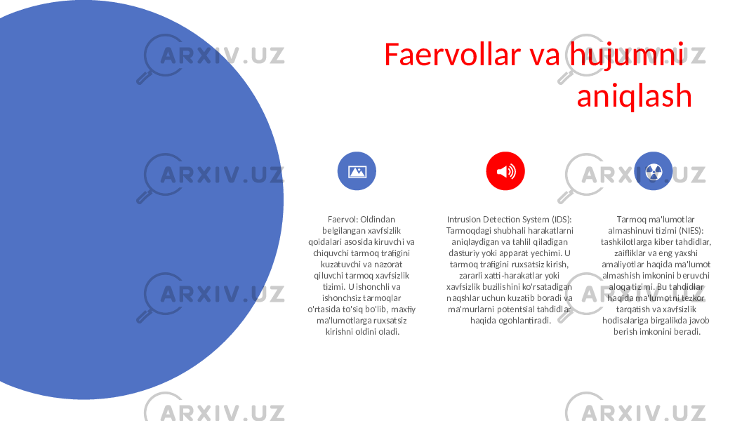 Faervol: Oldindan belgilangan xavfsizlik qoidalari asosida kiruvchi va chiquvchi tarmoq trafigini kuzatuvchi va nazorat qiluvchi tarmoq xavfsizlik tizimi. U ishonchli va ishonchsiz tarmoqlar o&#39;rtasida to&#39;siq bo&#39;lib, maxfiy ma&#39;lumotlarga ruxsatsiz kirishni oldini oladi. Tarmoq ma&#39;lumotlar almashinuvi tizimi (NIES): tashkilotlarga kiber tahdidlar, zaifliklar va eng yaxshi amaliyotlar haqida ma&#39;lumot almashish imkonini beruvchi aloqa tizimi. Bu tahdidlar haqida ma&#39;lumotni tezkor tarqatish va xavfsizlik hodisalariga birgalikda javob berish imkonini beradi.Intrusion Detection System (IDS): Tarmoqdagi shubhali harakatlarni aniqlaydigan va tahlil qiladigan dasturiy yoki apparat yechimi. U tarmoq trafigini ruxsatsiz kirish, zararli xatti-harakatlar yoki xavfsizlik buzilishini ko&#39;rsatadigan naqshlar uchun kuzatib boradi va ma&#39;murlarni potentsial tahdidlar haqida ogohlantiradi.Faervollar va hujumni aniqlash 