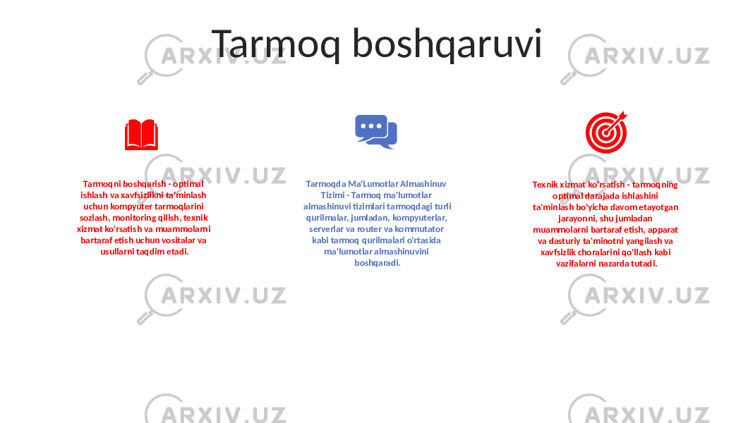 Tarmoq boshqaruvi Tarmoqni boshqarish - optimal ishlash va xavfsizlikni ta&#39;minlash uchun kompyuter tarmoqlarini sozlash, monitoring qilish, texnik xizmat ko&#39;rsatish va muammolarni bartaraf etish uchun vositalar va usullarni taqdim etadi. Tarmoqda Ma&#39;Lumotlar Almashinuv Tizimi - Tarmoq ma&#39;lumotlar almashinuvi tizimlari tarmoqdagi turli qurilmalar, jumladan, kompyuterlar, serverlar va router va kommutator kabi tarmoq qurilmalari o&#39;rtasida ma&#39;lumotlar almashinuvini boshqaradi. Texnik xizmat ko&#39;rsatish - tarmoqning optimal darajada ishlashini ta&#39;minlash bo&#39;yicha davom etayotgan jarayonni, shu jumladan muammolarni bartaraf etish, apparat va dasturiy ta&#39;minotni yangilash va xavfsizlik choralarini qo&#39;llash kabi vazifalarni nazarda tutadi. 