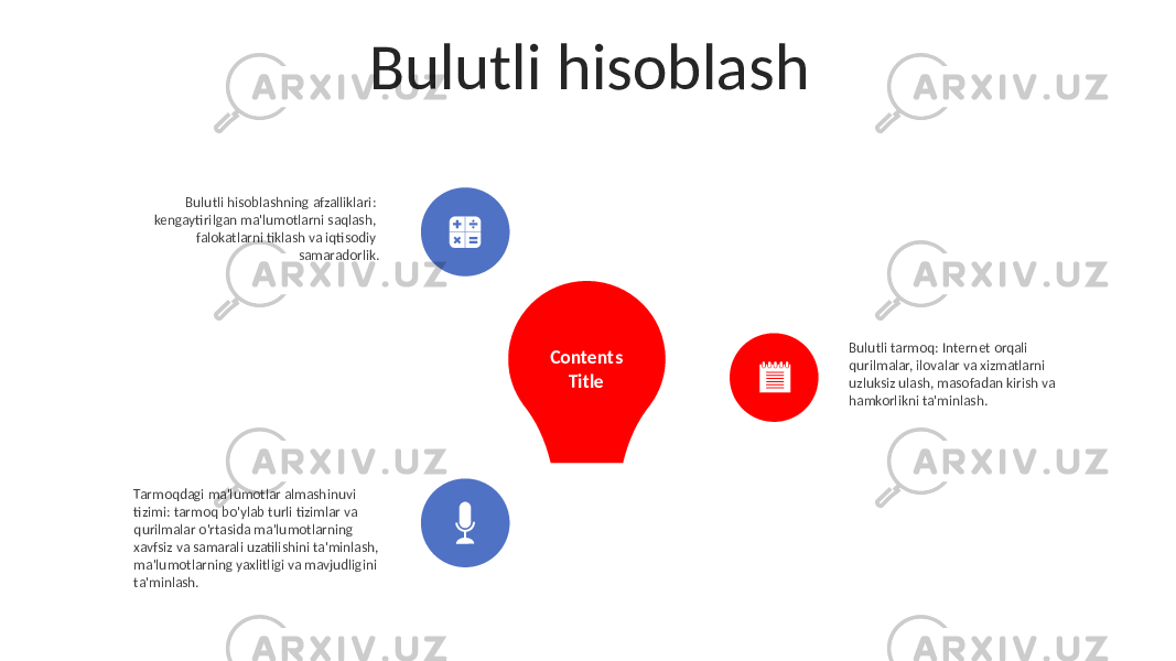 Bulutli hisoblash Contents Title Bulutli tarmoq: Internet orqali qurilmalar, ilovalar va xizmatlarni uzluksiz ulash, masofadan kirish va hamkorlikni ta&#39;minlash.Bulutli hisoblashning afzalliklari: kengaytirilgan ma&#39;lumotlarni saqlash, falokatlarni tiklash va iqtisodiy samaradorlik. Tarmoqdagi ma&#39;lumotlar almashinuvi tizimi: tarmoq bo&#39;ylab turli tizimlar va qurilmalar o&#39;rtasida ma&#39;lumotlarning xavfsiz va samarali uzatilishini ta&#39;minlash, ma&#39;lumotlarning yaxlitligi va mavjudligini ta&#39;minlash. 